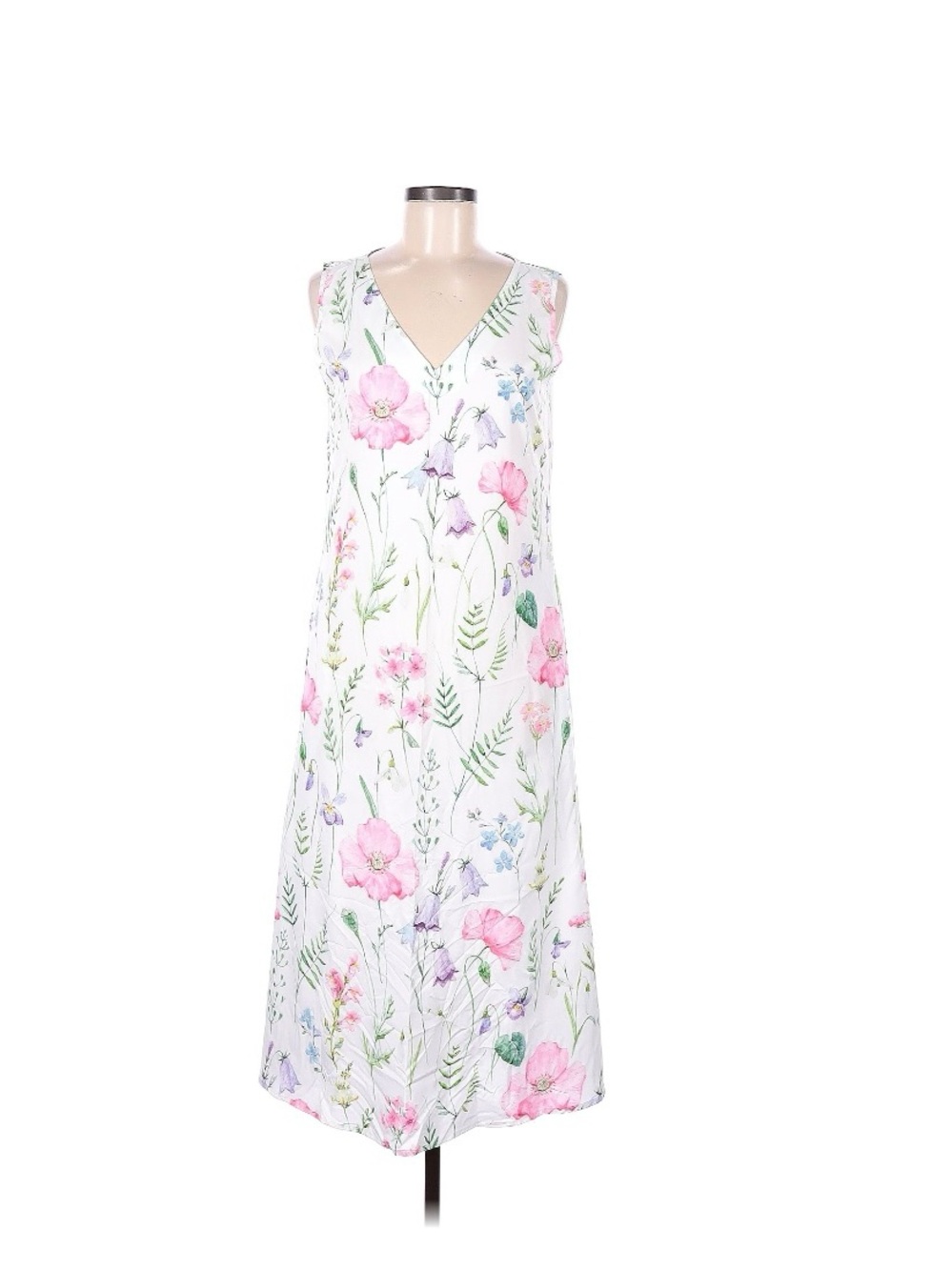 Floral V-Neck White Dress with Pink & Green Print with pockets